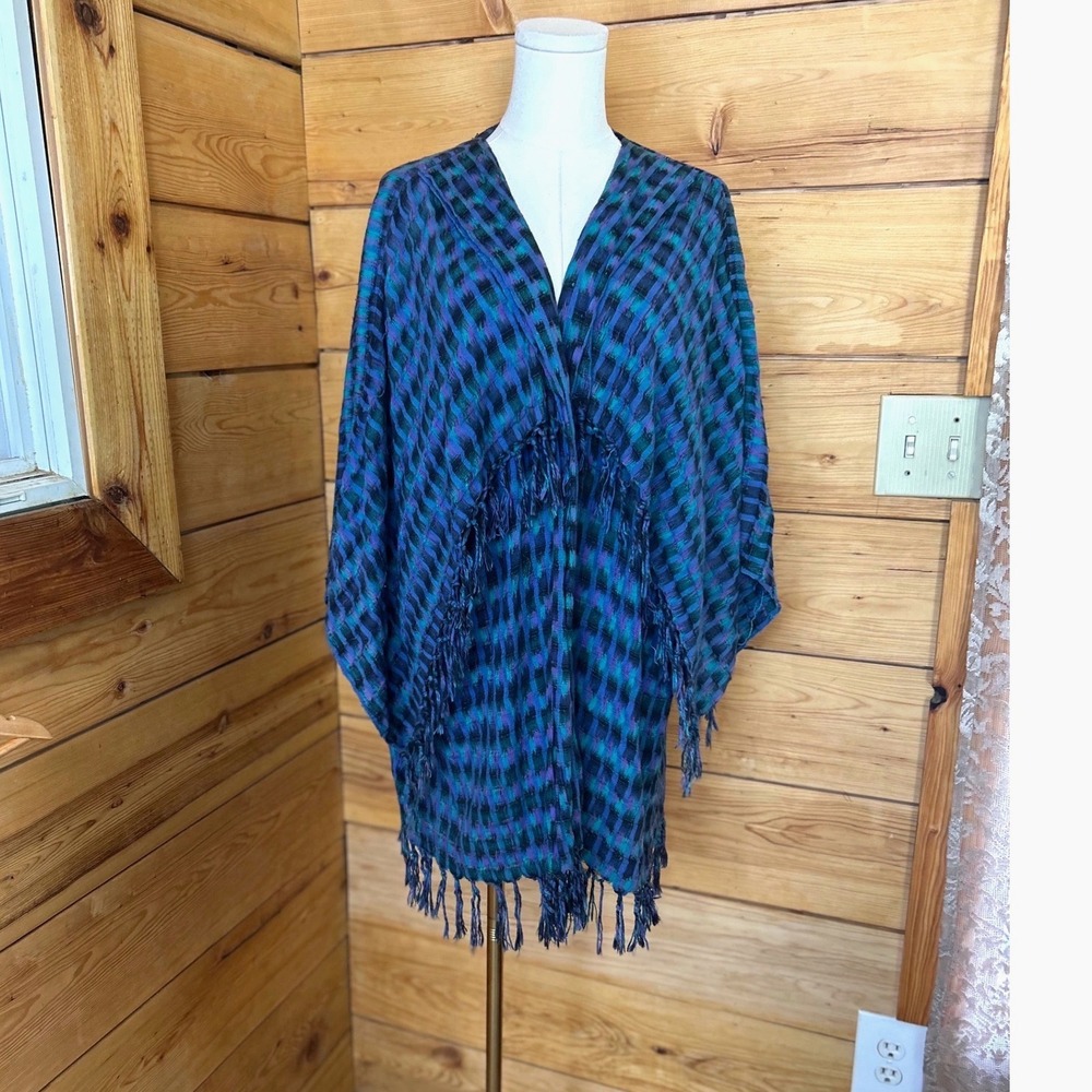 Vintage Woven Kimono Shawl Women One Size Blue Ikat Fringe Boho Duster Ixchel